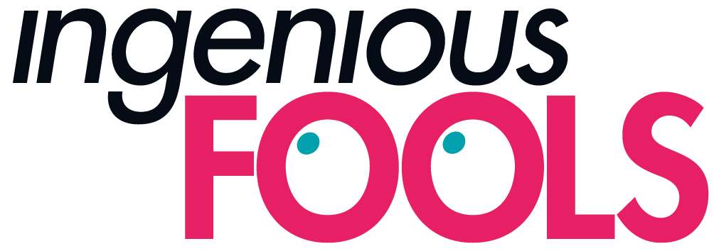 The words 'ingenious' in black lowercase text and 'fools' in pink uppercase text, with two blue dots in each letter 'o' to suggest eyes. The words are on a white background.